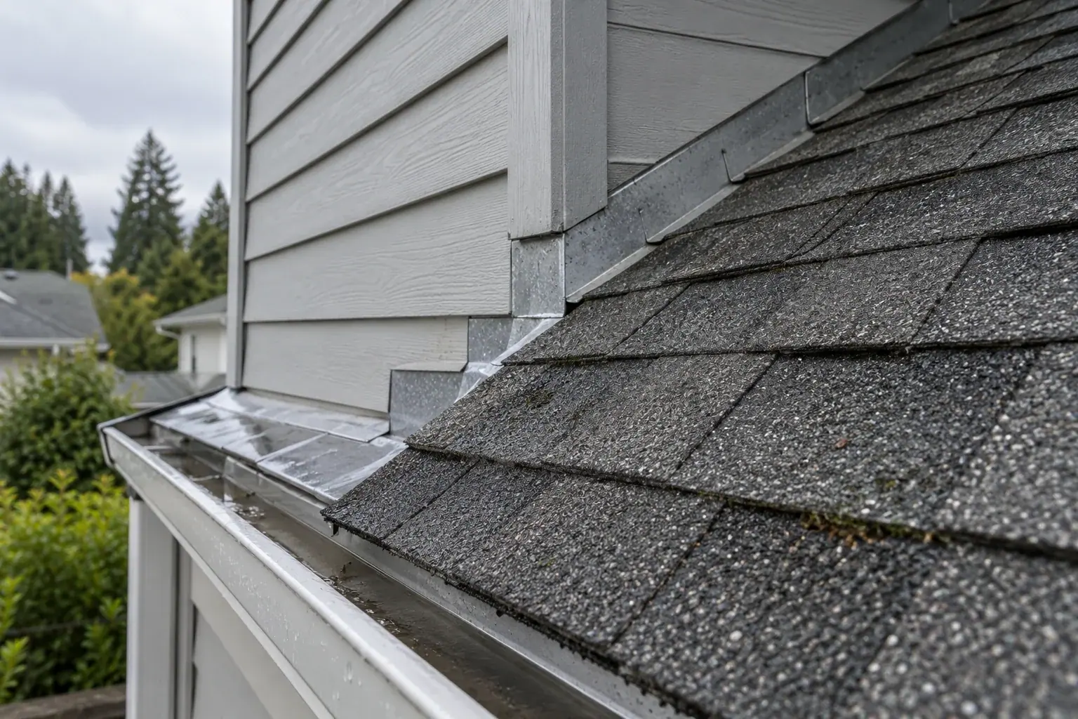 Roofing detail showing the junction between a roof covering and flashing