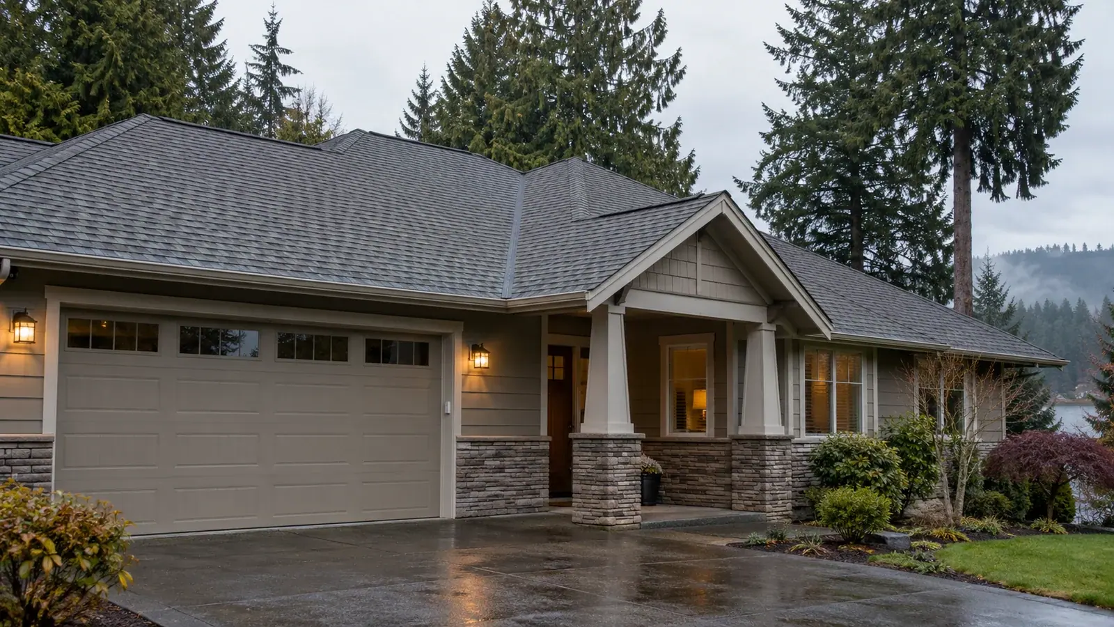 A Northwest home with a detailed pitched roof and leafy surroundings